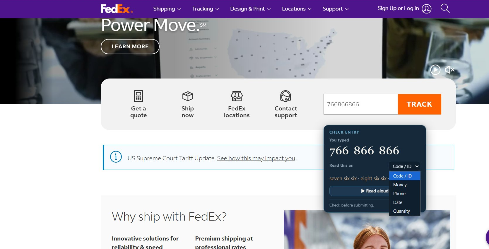 adād reading back a tracking number on FedEx as 'seven six six, eight six six', with a type selector showing Code/ID, Money, Phone, Date, Quantity, and 'Check before submitting'