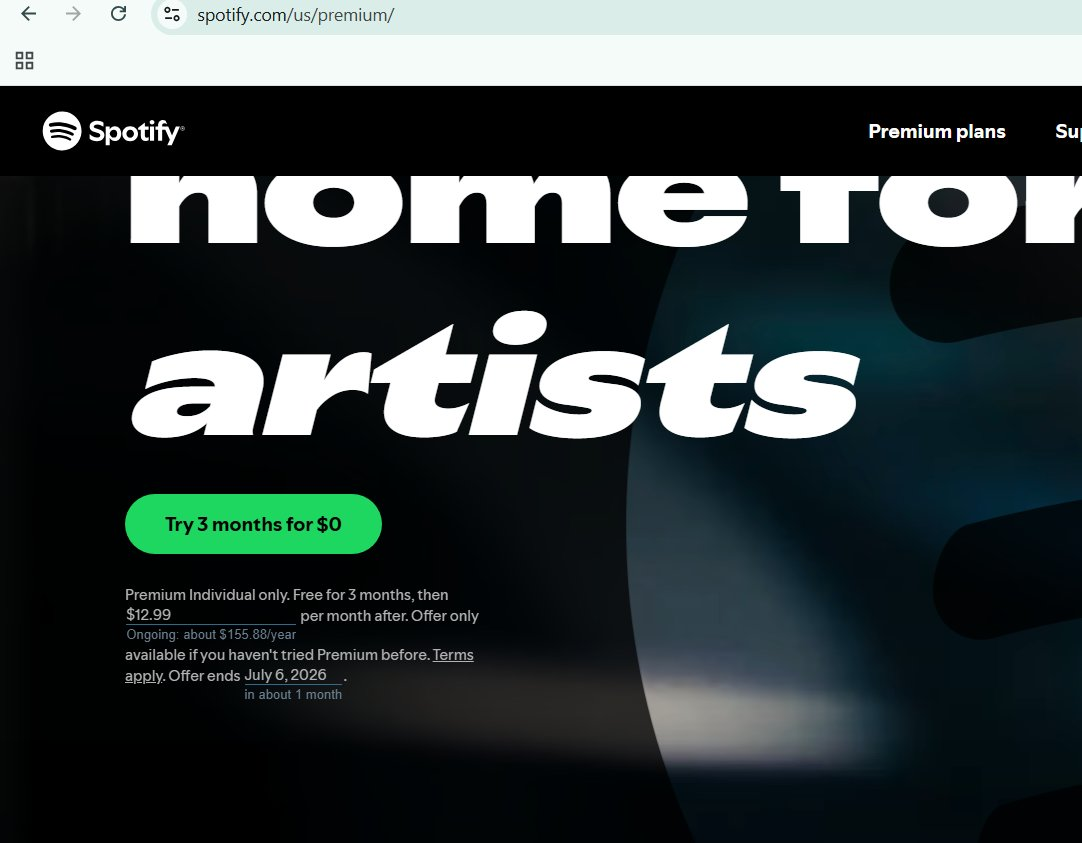 adād on Spotify's premium page showing $12.99 per month translated to about $155.88 per year